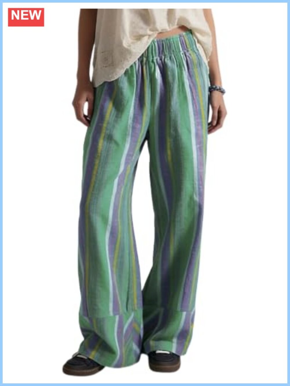 Striped Wide Leg Pants Casual Elastic High Waist Lounge Trousers with Pockets